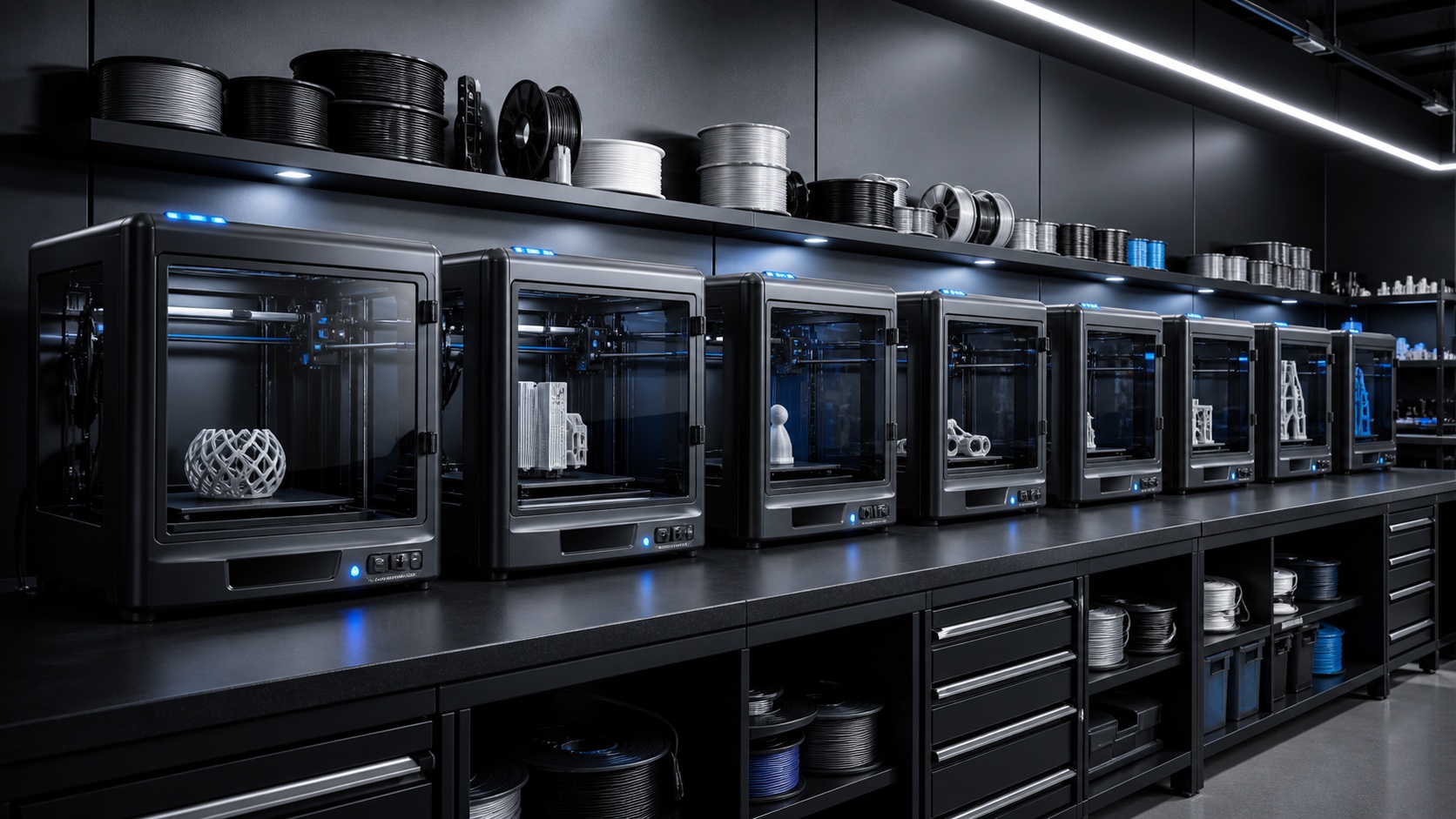 Imagem ilustrativa de uma estrutura com várias impressoras 3D em produção