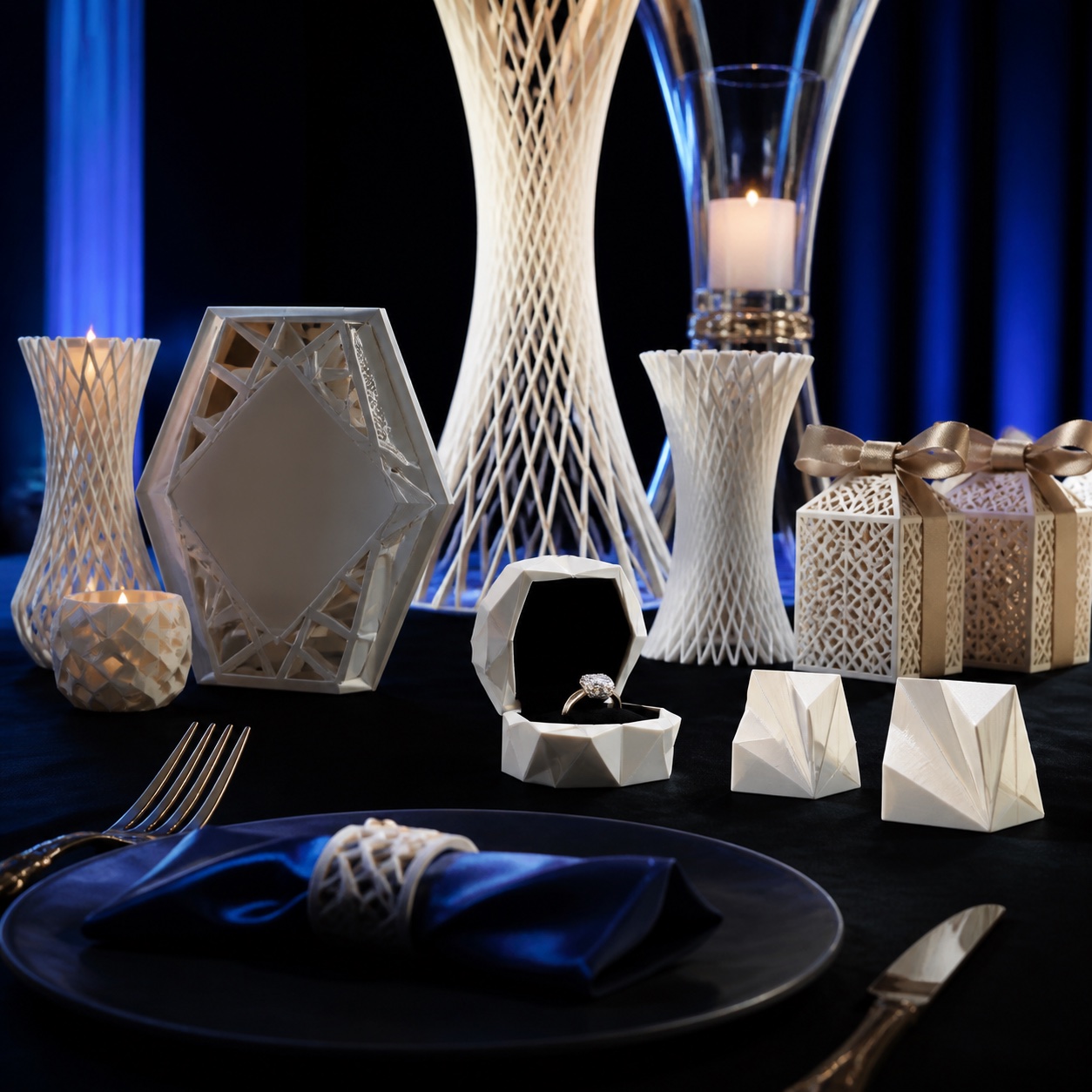 Composição ilustrativa de produtos 3D para Casamentos & Eventos